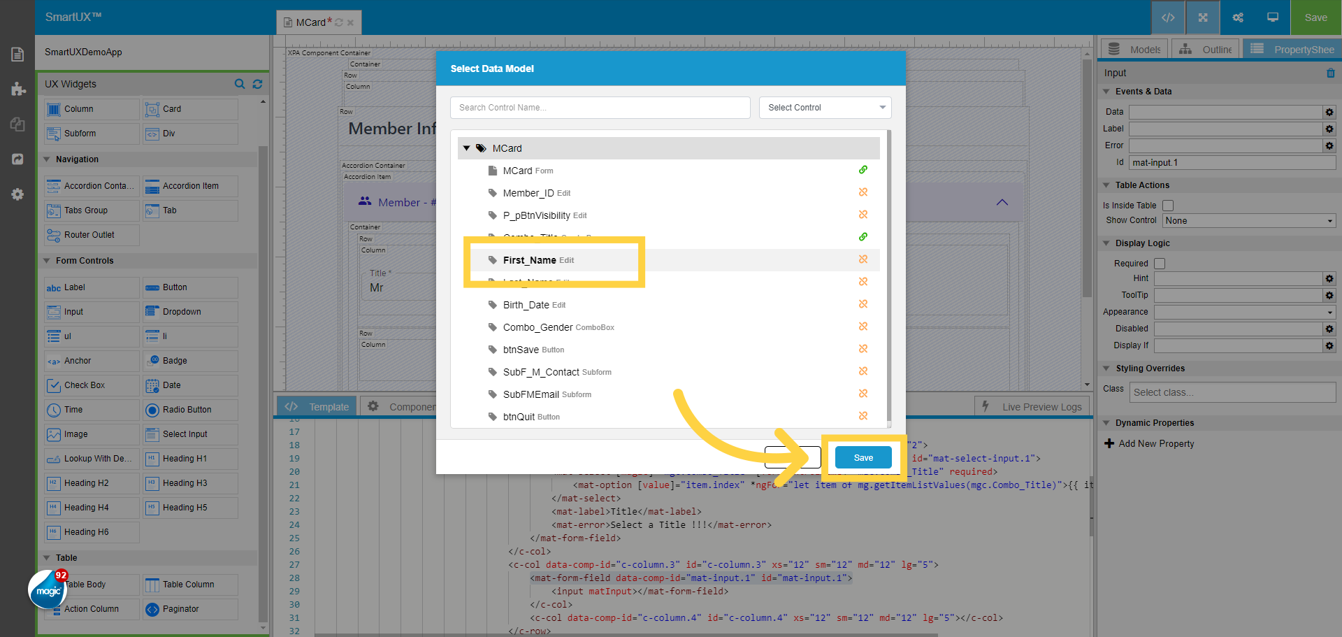 Select the First Name Edit Data Model for Input
