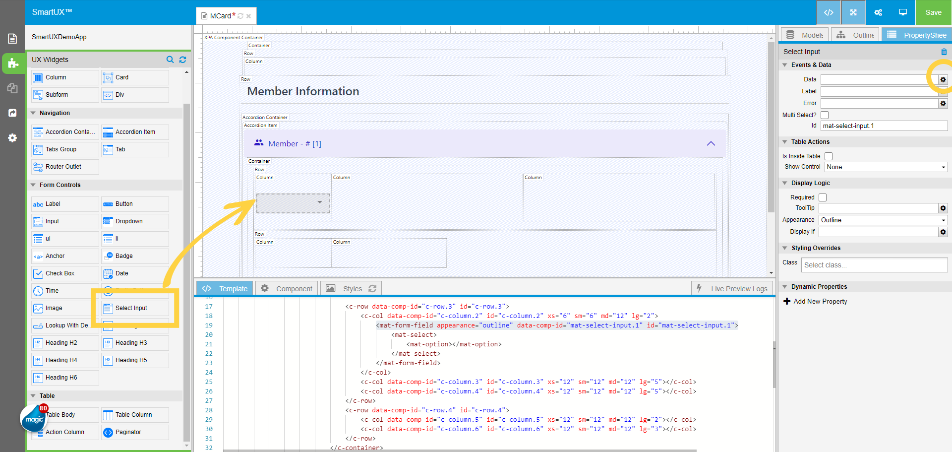 Drag and drop Select Input in First Column of First Row