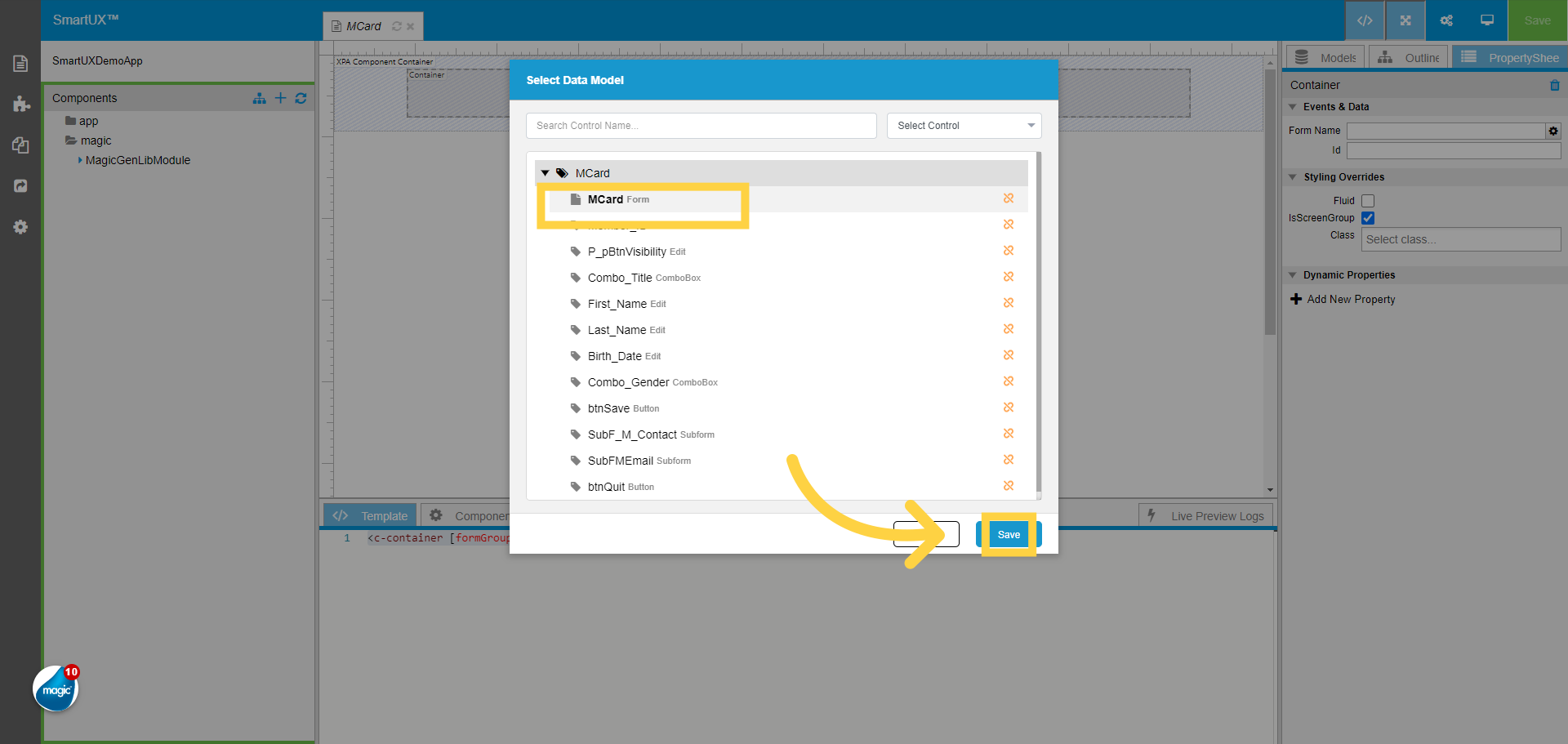 Select Form Name Data Model to Container