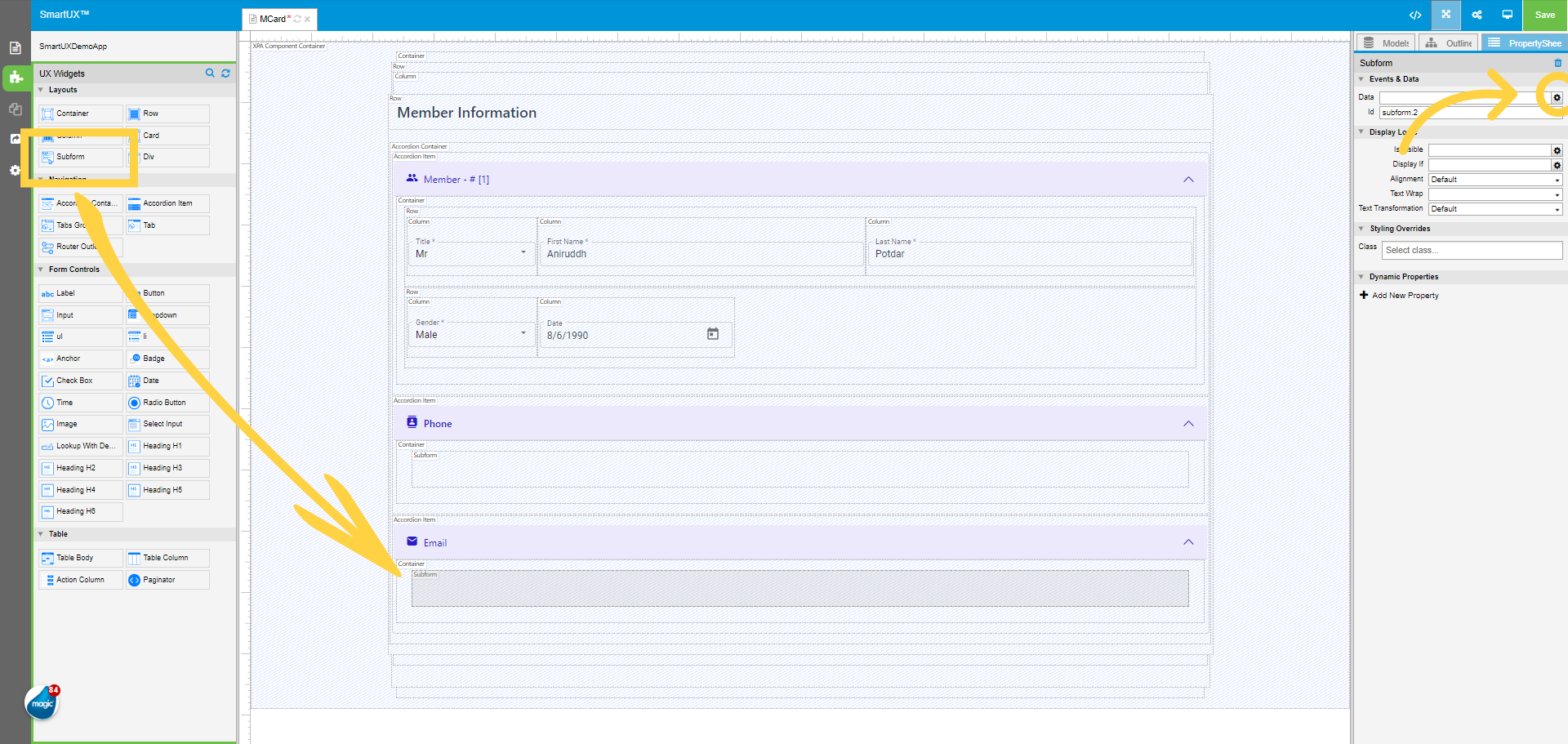 Drag and Drop the Subform widget in Accordion Item Container