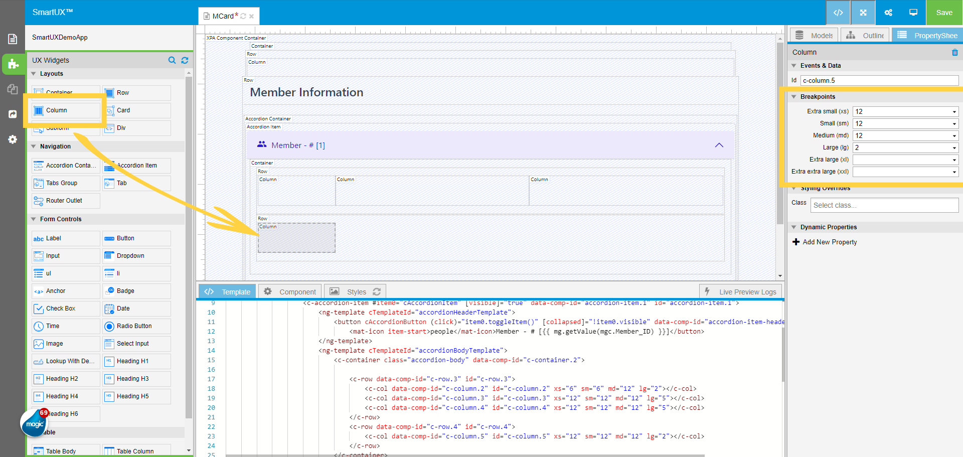 Drag and drop the Column inside the Second Row
