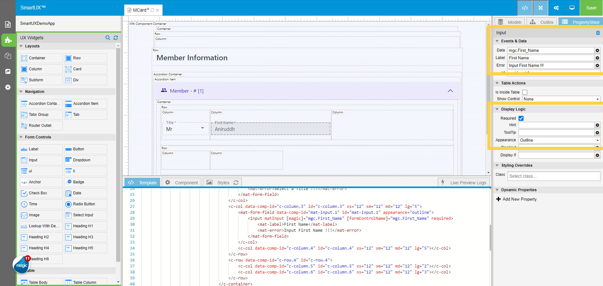 Set Input Properties for First Name
