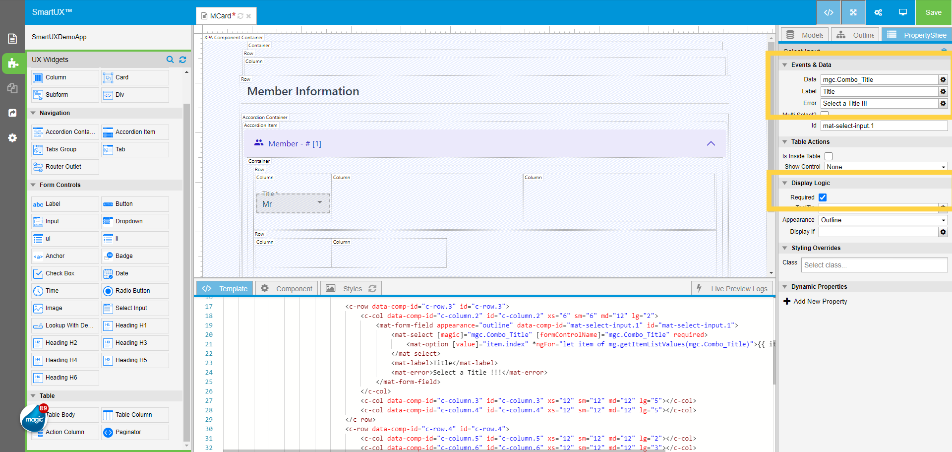 Set Select Input Properties for Title