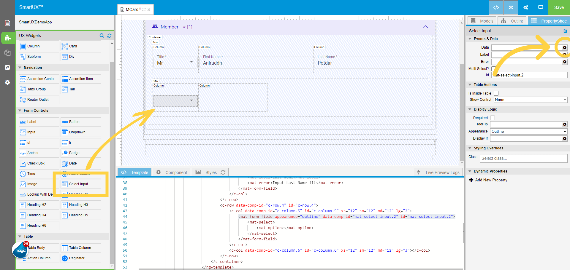 Drag and drop Select Input in First Column of Second Row