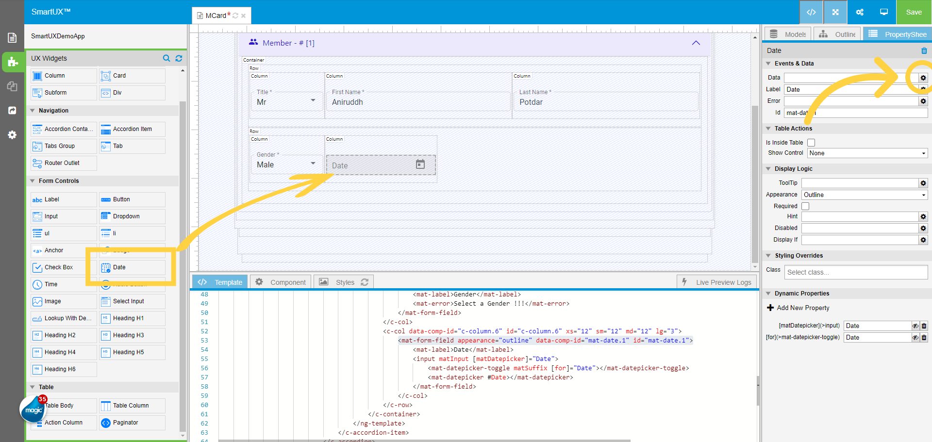 Drag and drop Date widget in Second Column of Second Row