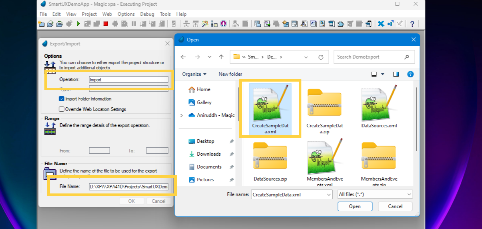 Importing CreateSampleData.xml