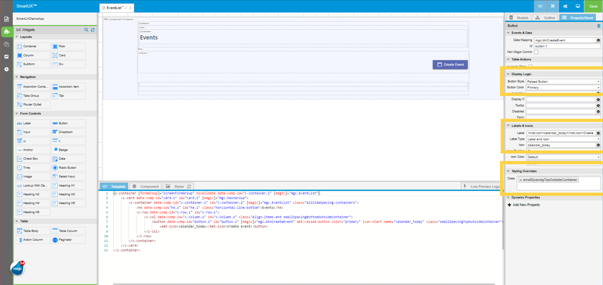Setting Create Event Button properties
