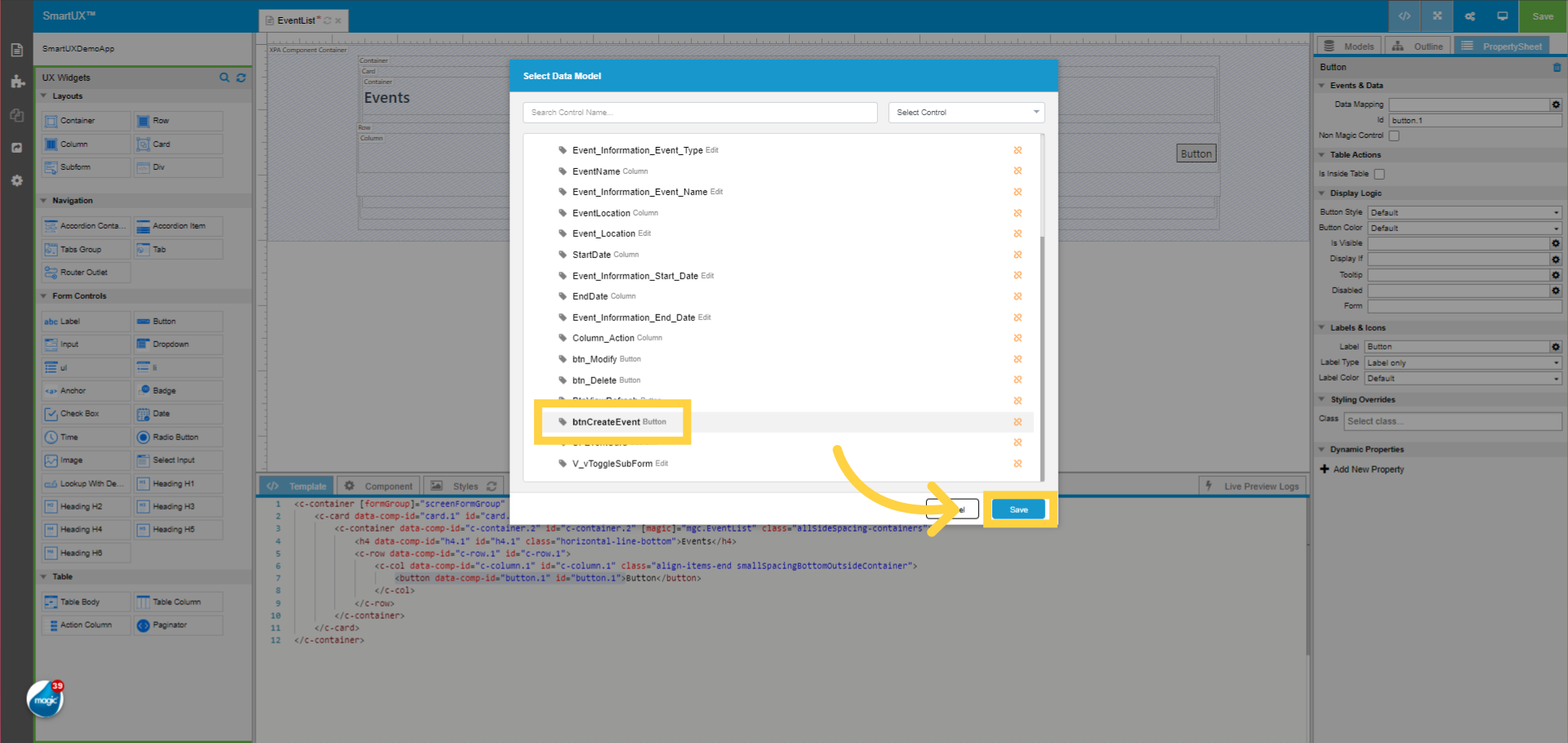 Data Mapping to Create Event Button