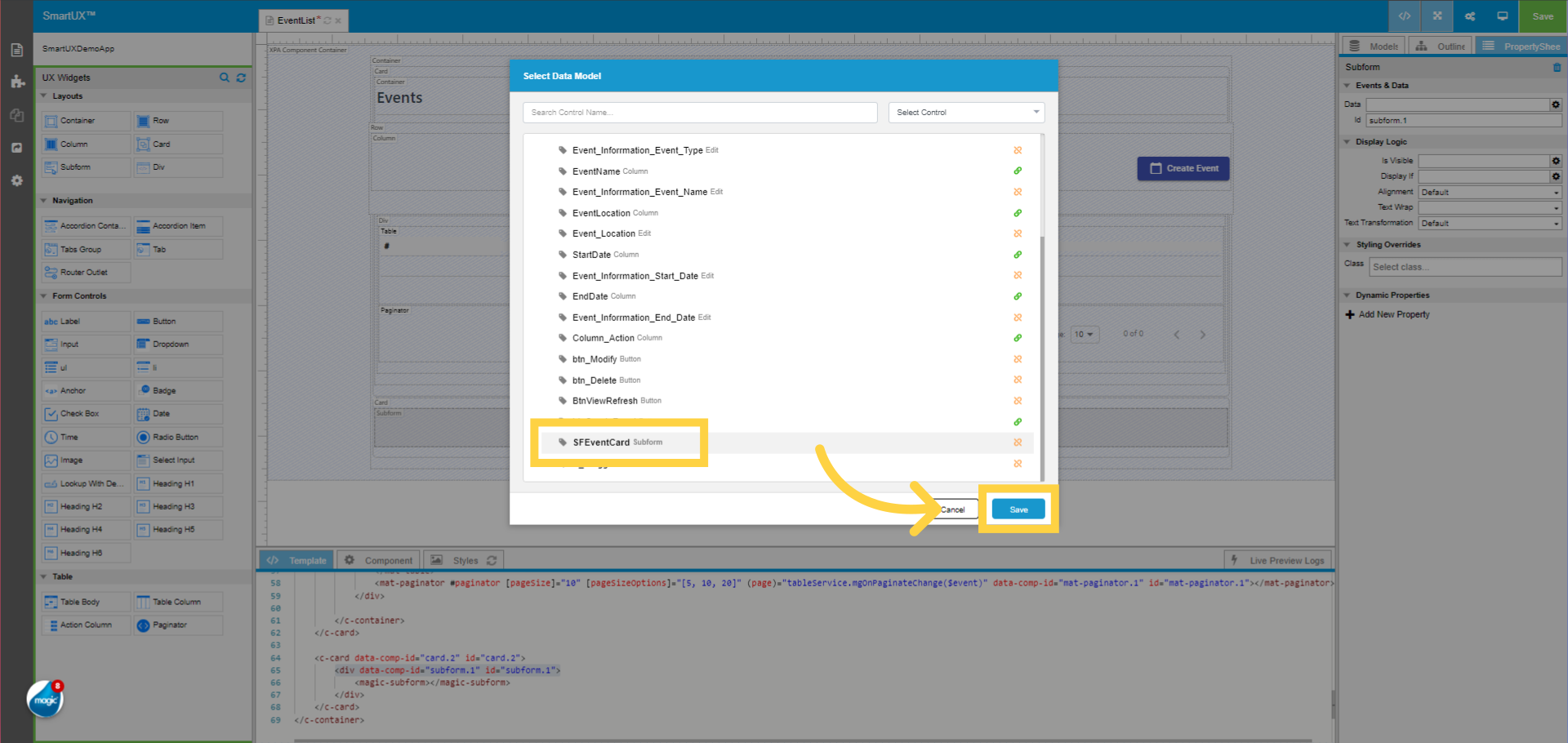 Subform Mapping “SFEventCard”