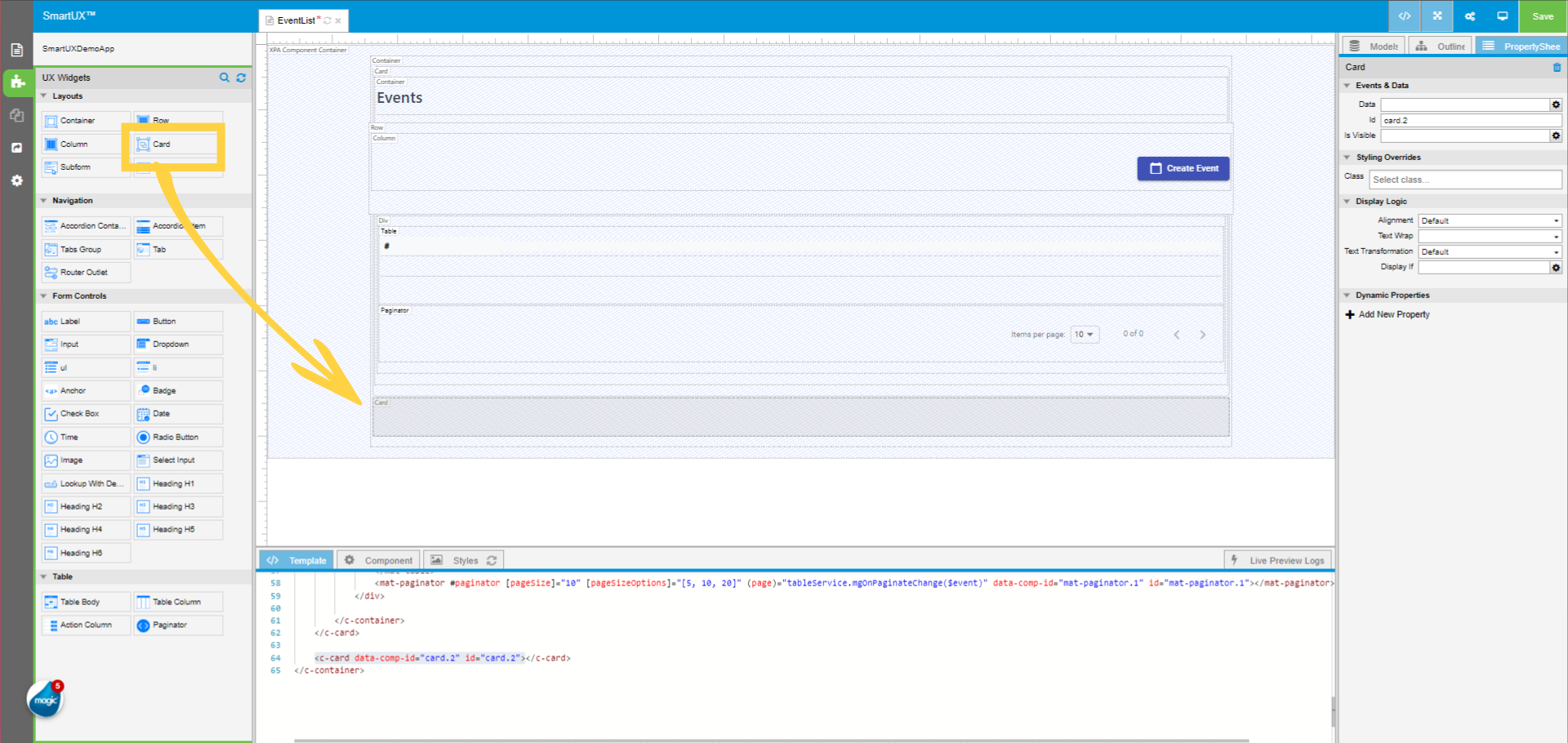 Add a Card for Subform to open Create/Modify Event by hiding the Event List
