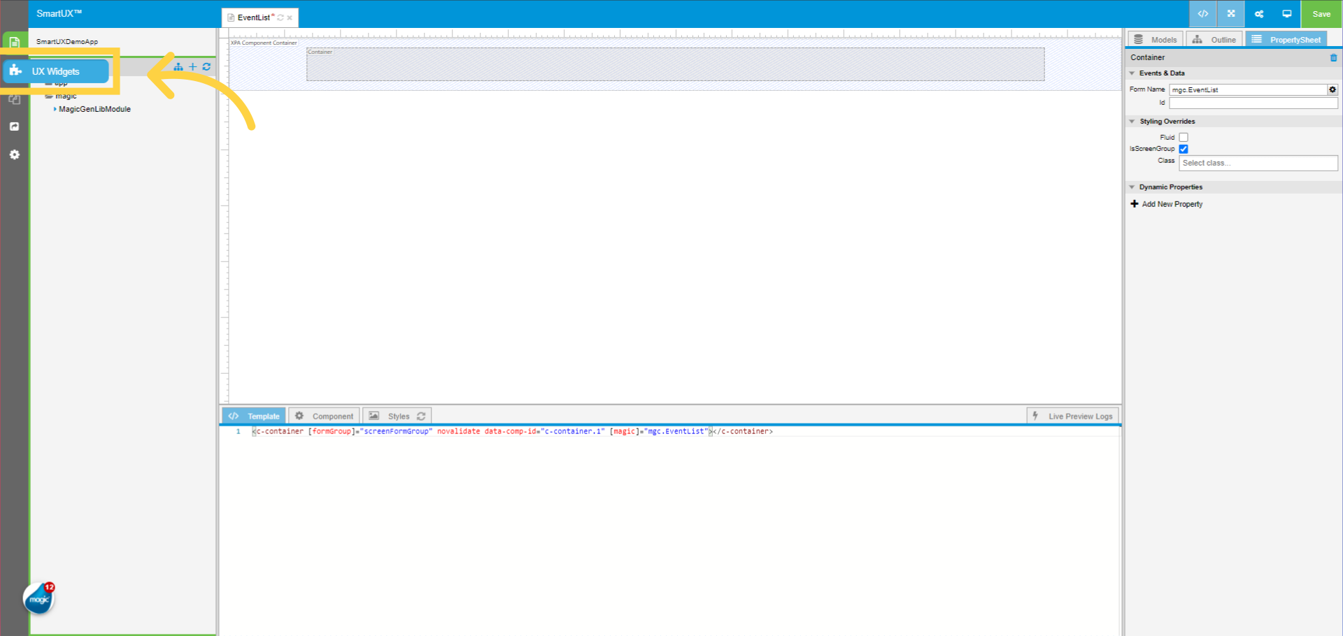 Switch to the UX Widgets Pane
