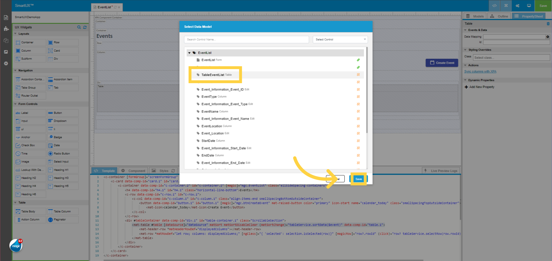 Select the Data Model for Table