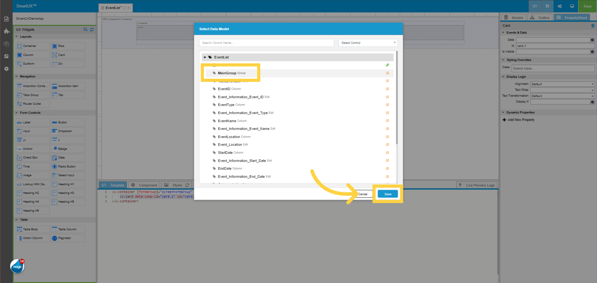 Select Data Model for Card