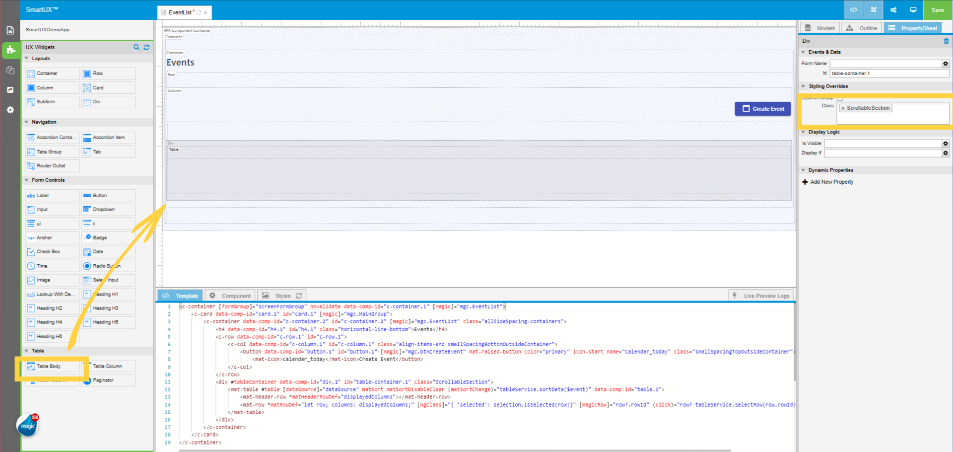 Add a Table widget for Event List table