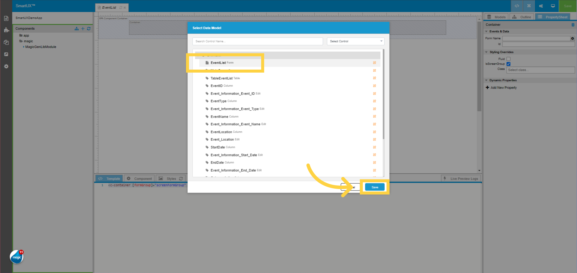 Select the Data Model for the Container