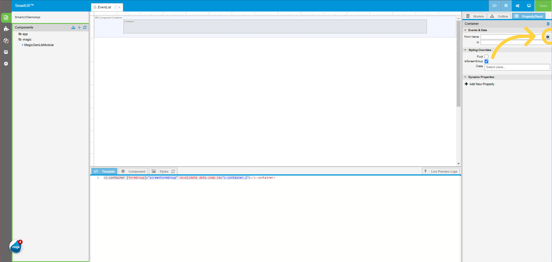 Select the Container on Canvas