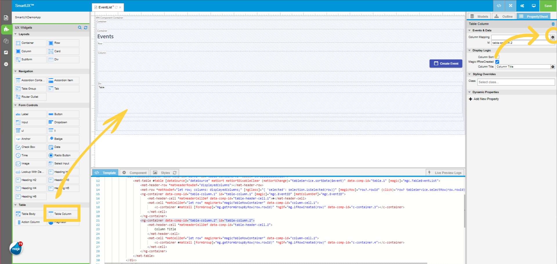 Drag and Drop the second Column for Event Type Column