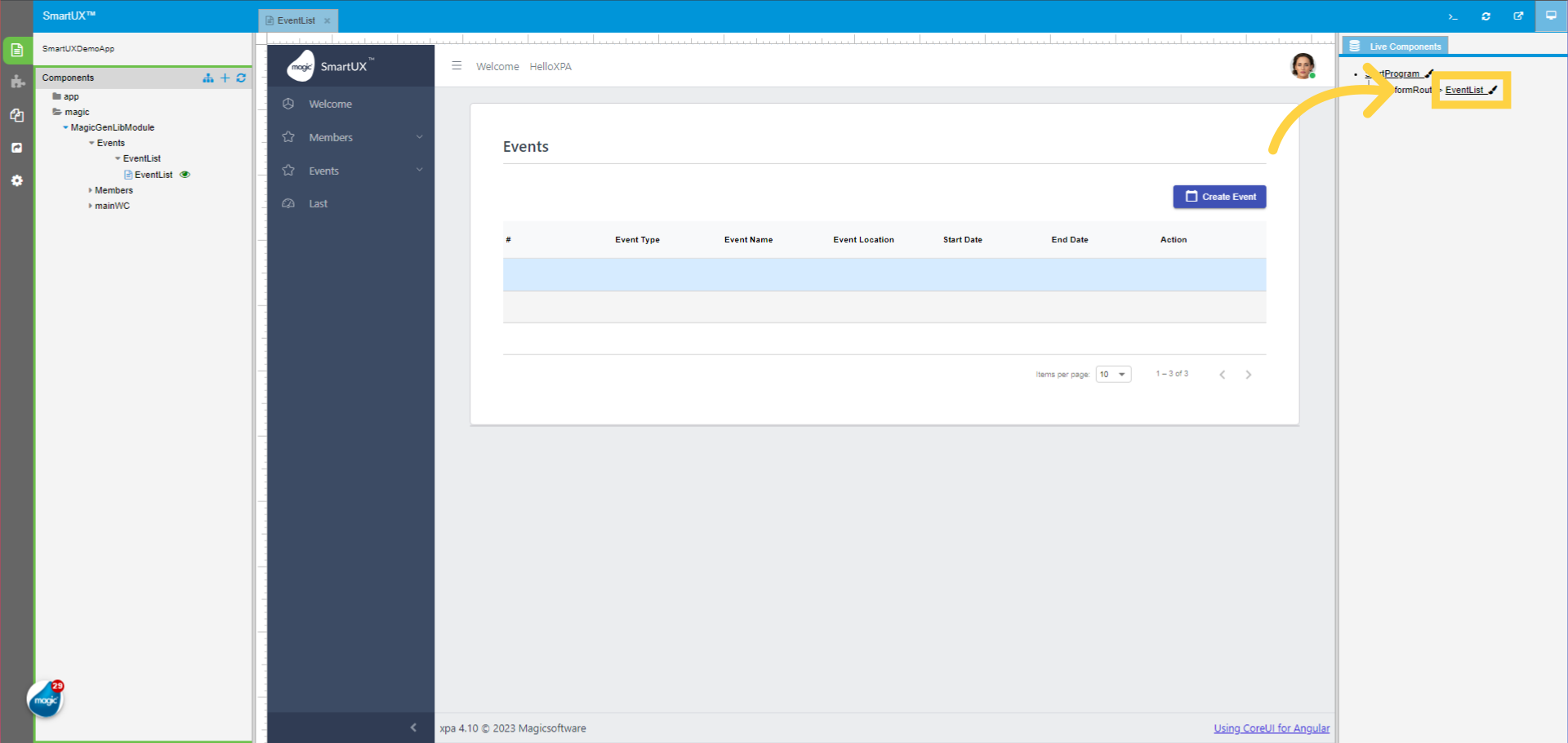 Event List Table Body with Column Headers