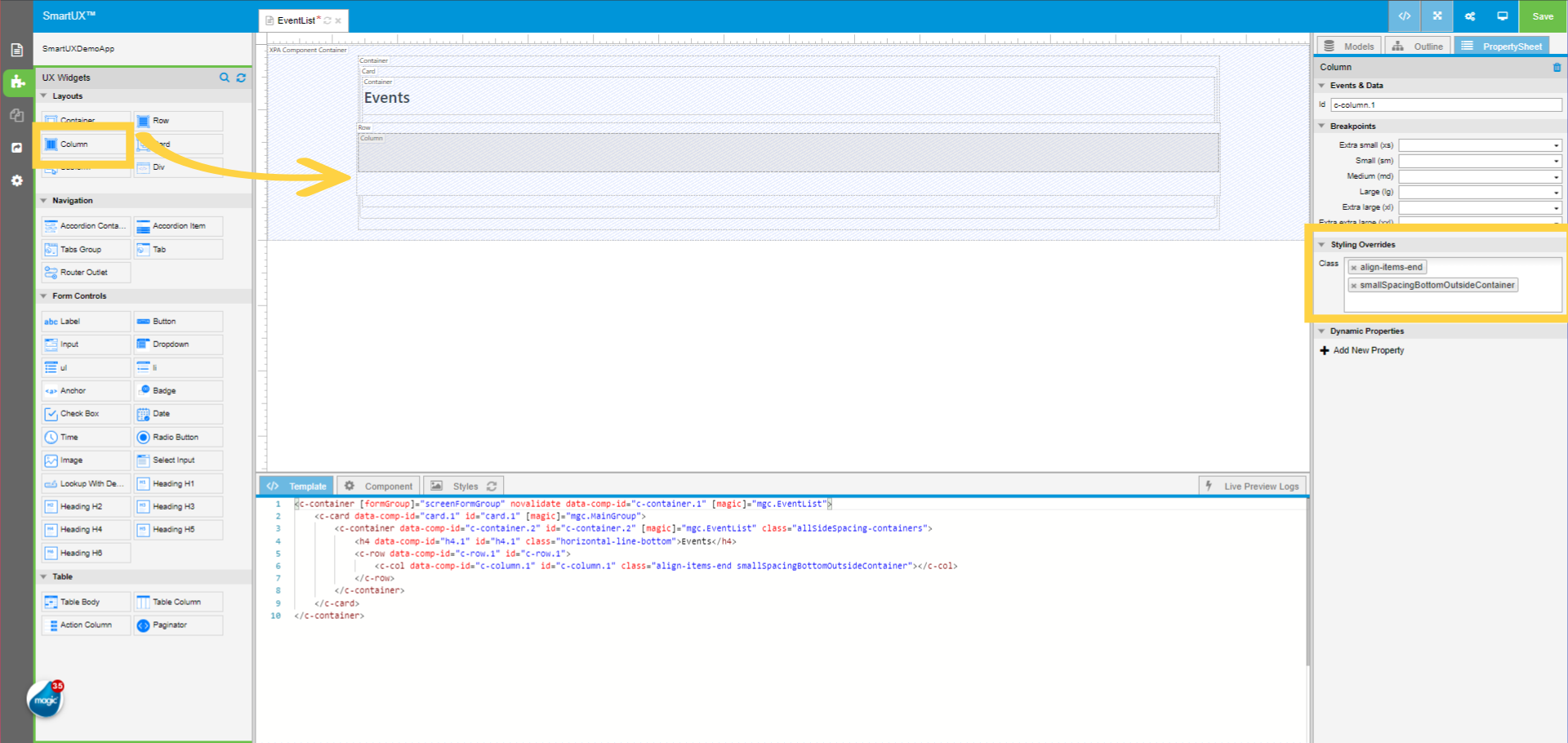 Add Column widget to Row
