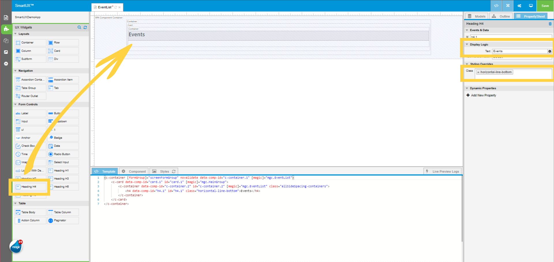 Add Heading to the last dropped Container