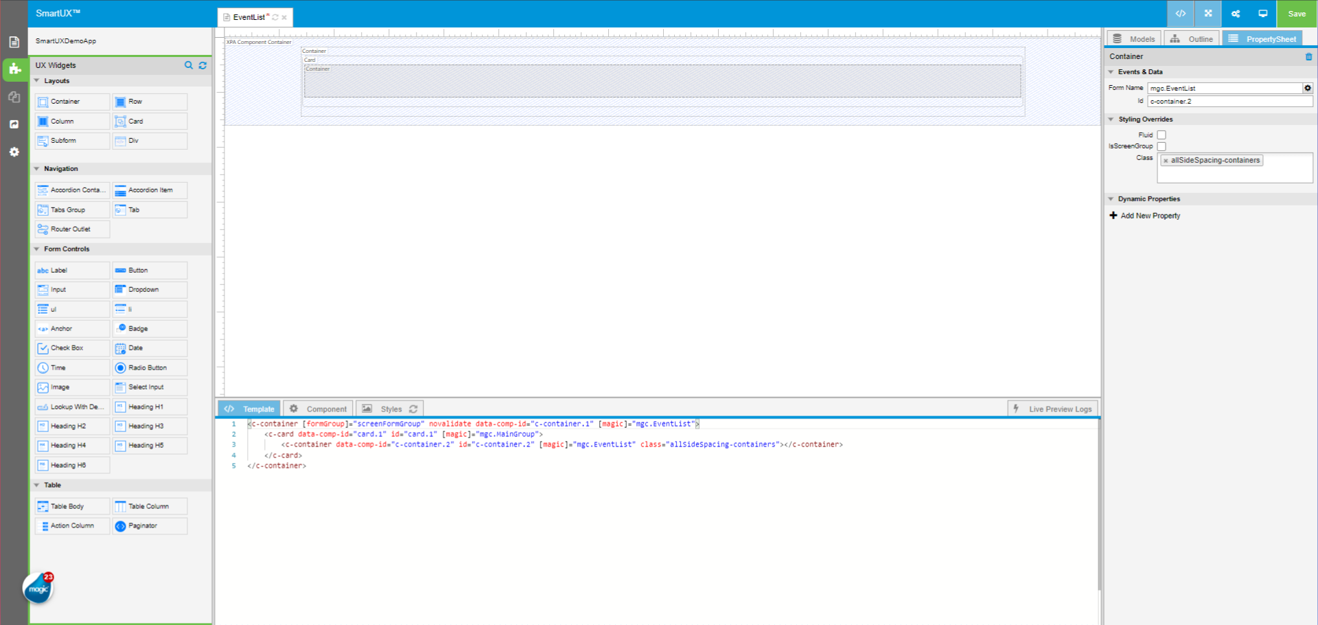 Drag and drop the Container inside the Card