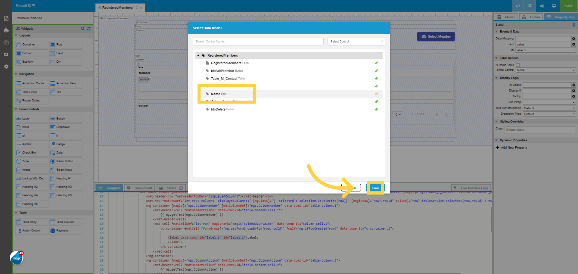 Select the Data Model for the Label from the Member Column