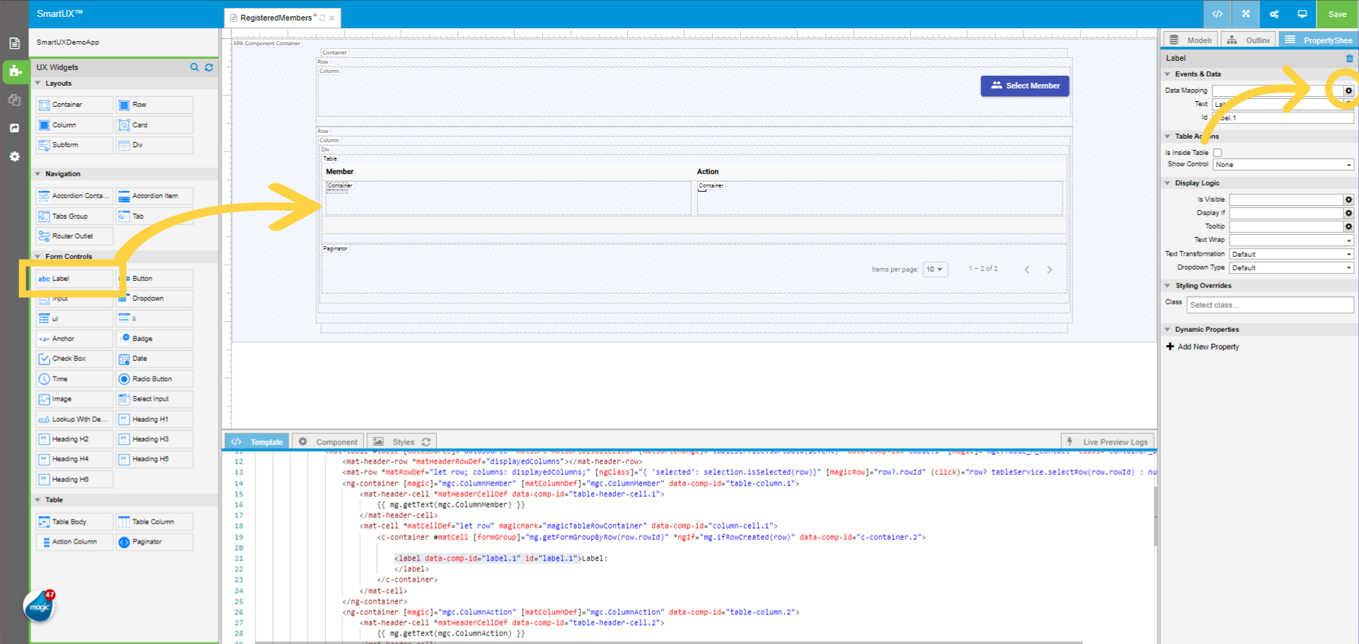 Drag and drop the Label inside the Member column Container