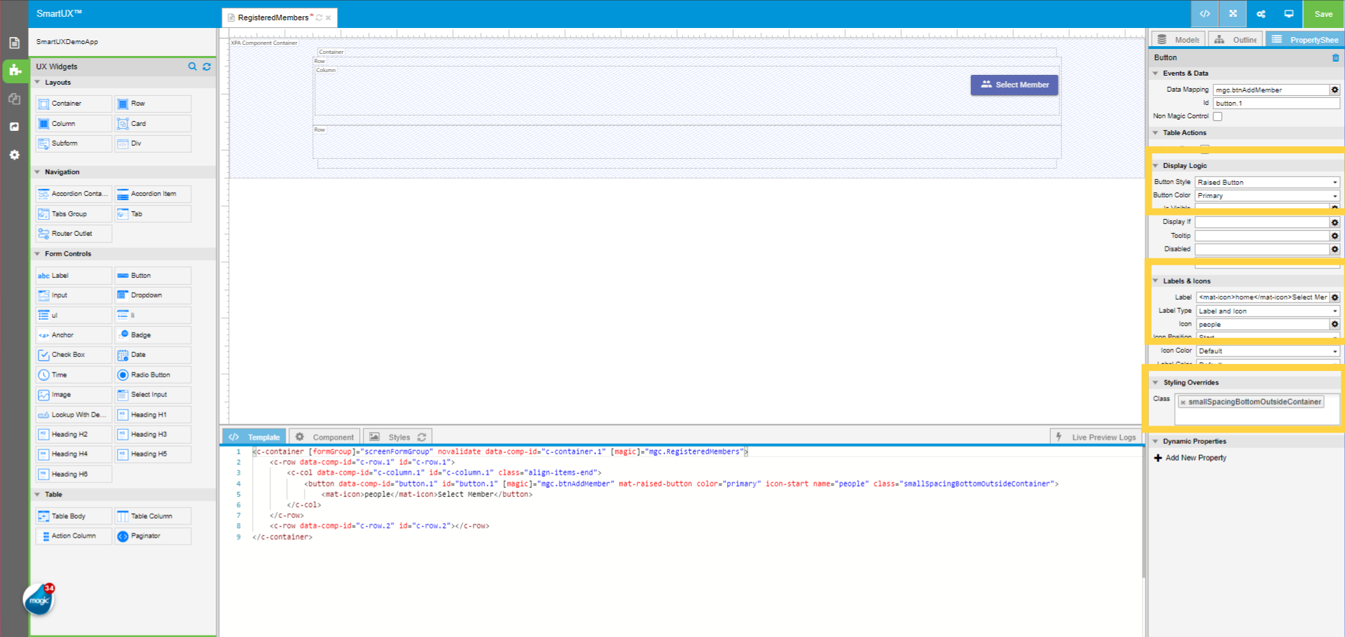 Setting Select Member Button properties