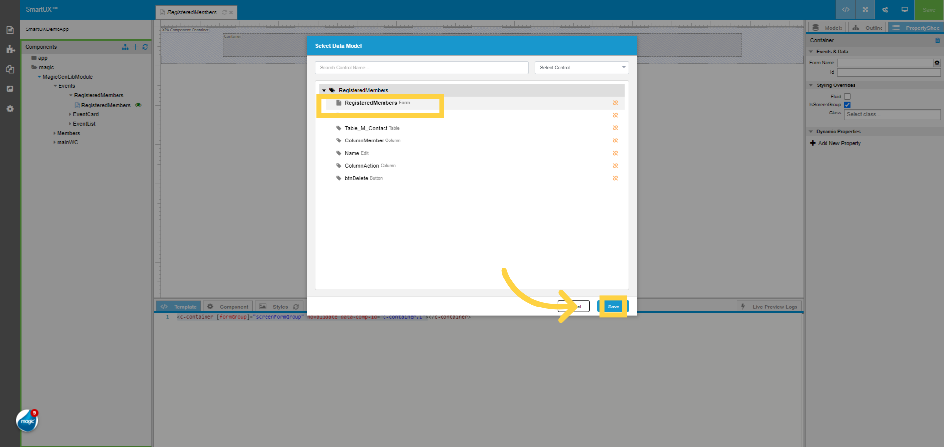 Select Form Name Data Model to Container