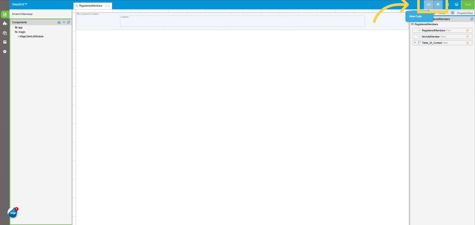 Enable Expanded View and View Code for RegisteredMembers Component