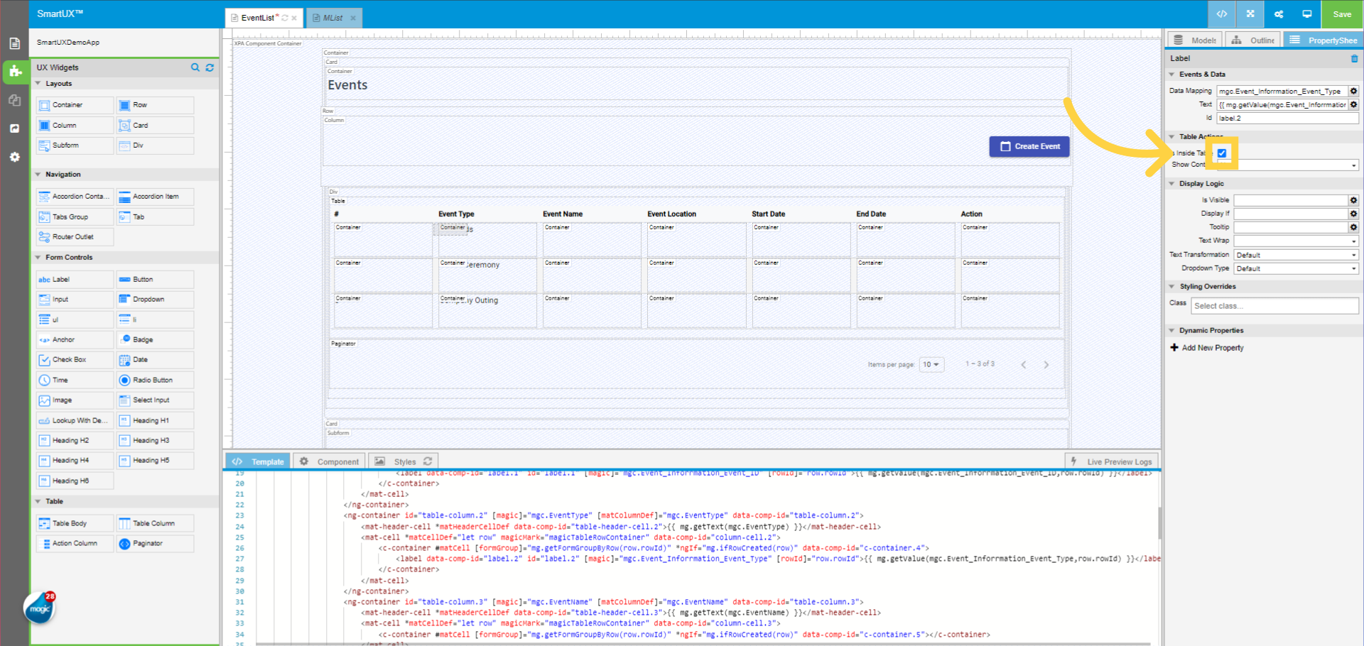 Mark the Label widget for the Event Type as “Inside Table”