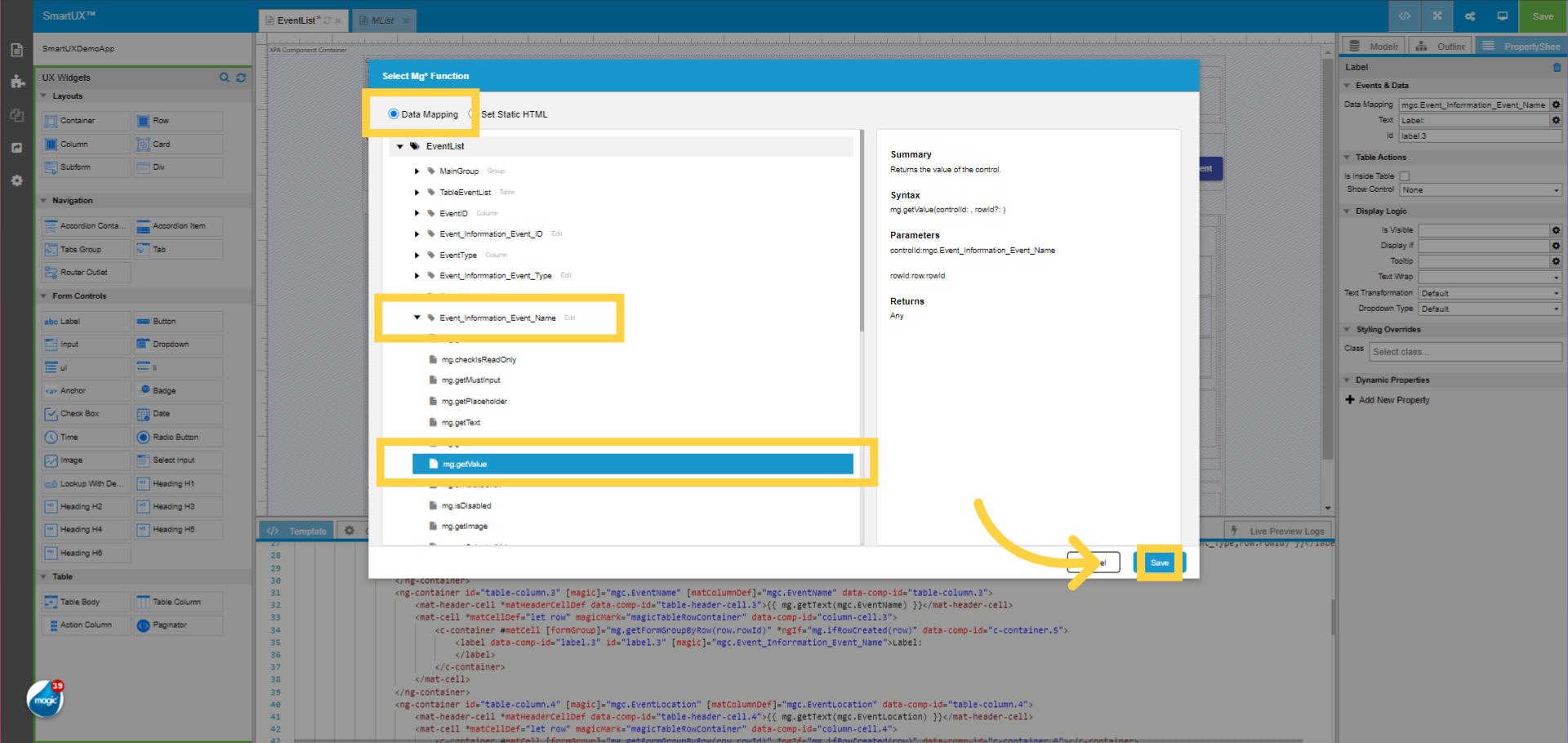 Select mg.getValue function for Event_Inforrmation_Event_Name