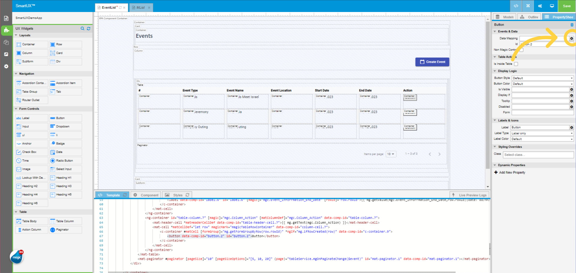Drag and Drop the Button widget for the Action Column