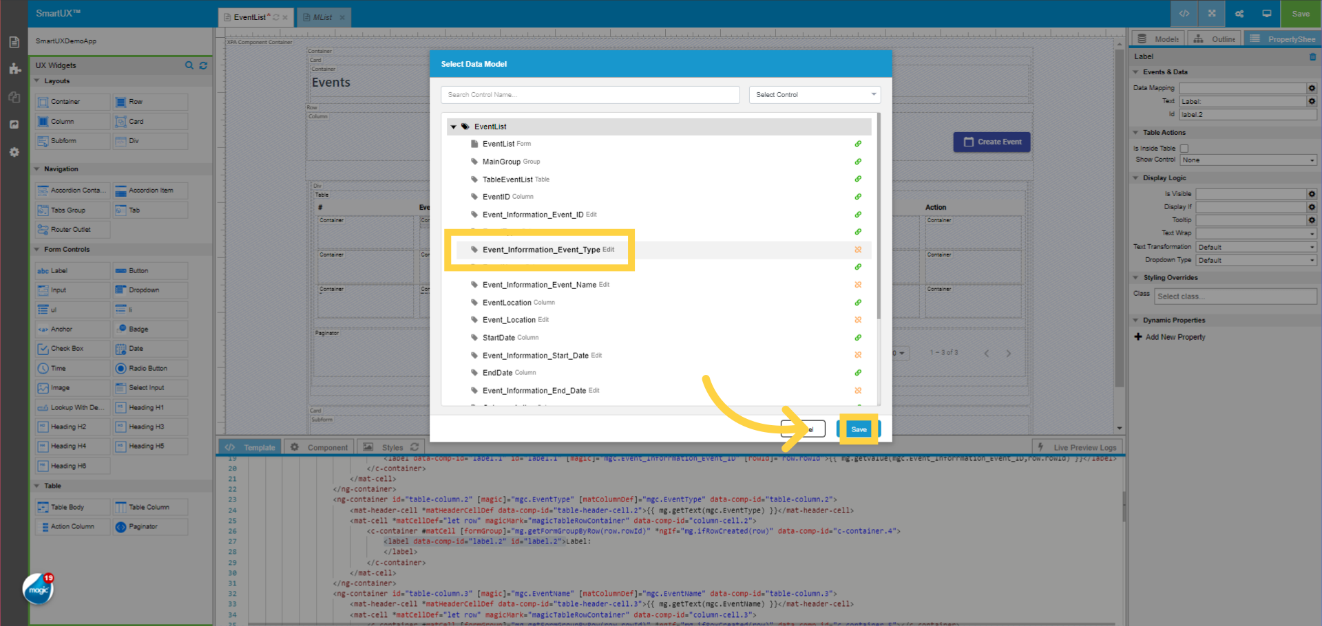 Data Mapping for Event_Inforrmation_Event_Type Label Widget
