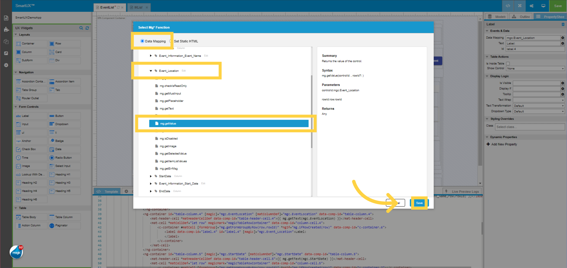 Select mg.getValue function for Event_Location