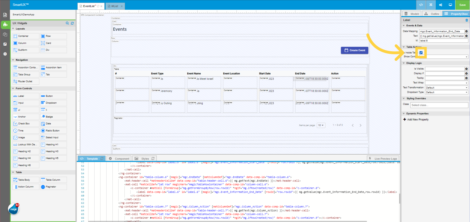 Mark the Label widget for the End Date as “Inside Table”