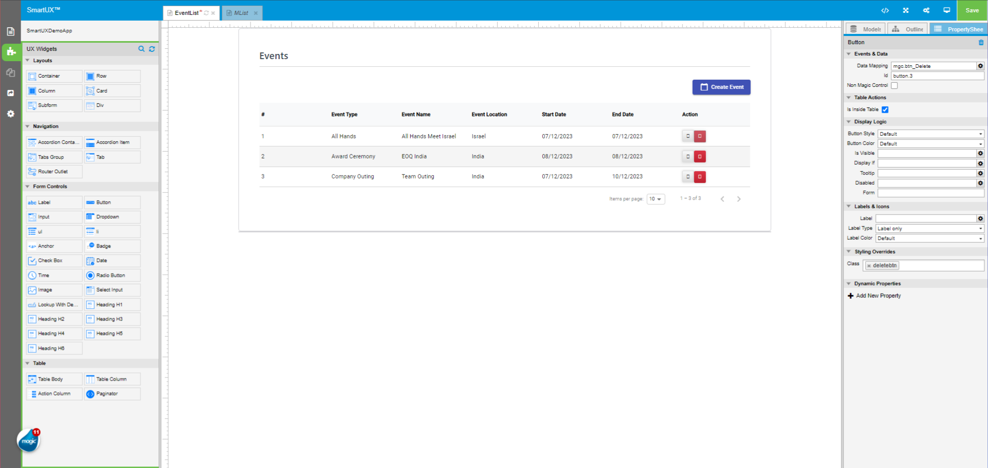 Event List Table with Records