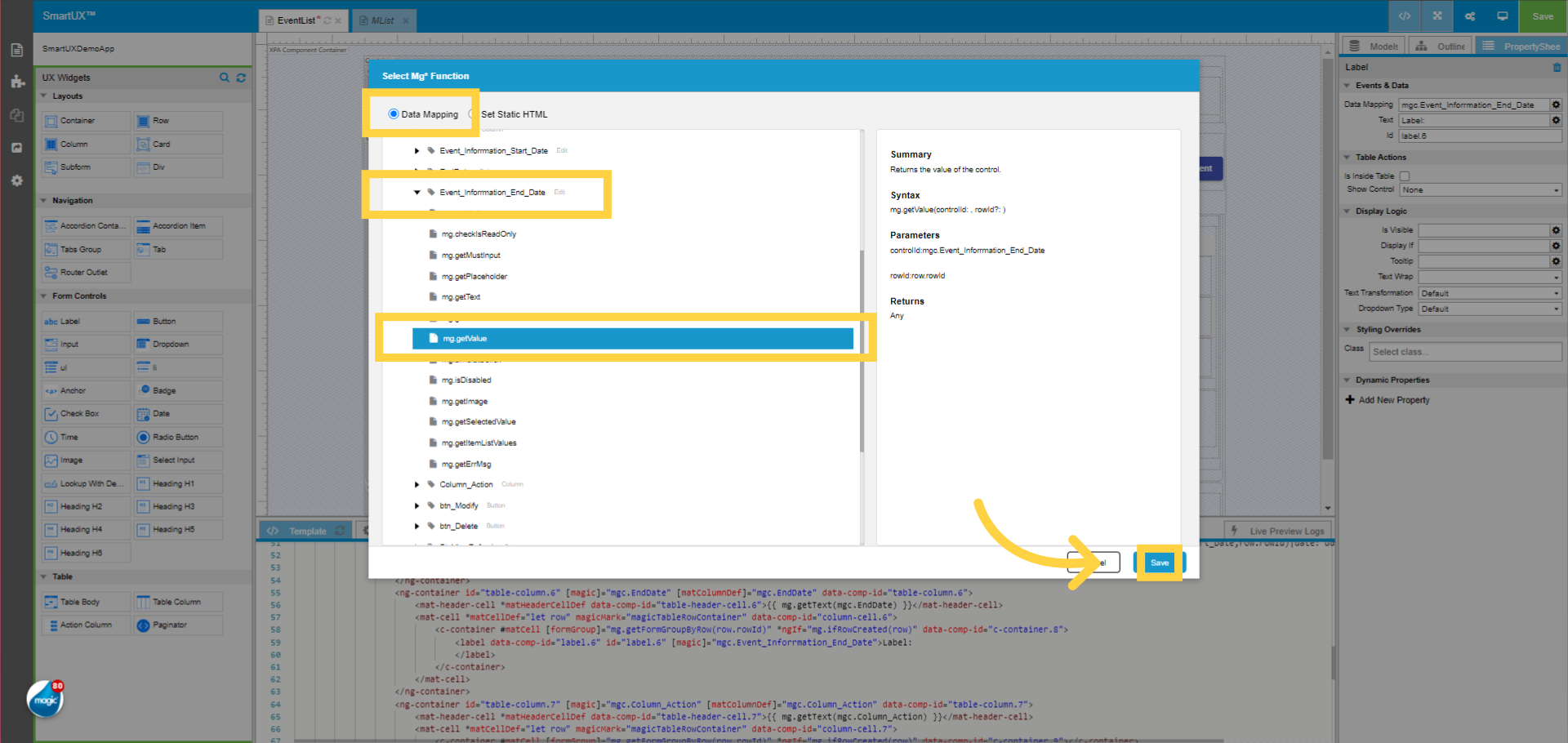 Select mg.getValue function for Event_Inforrmation_End_Date