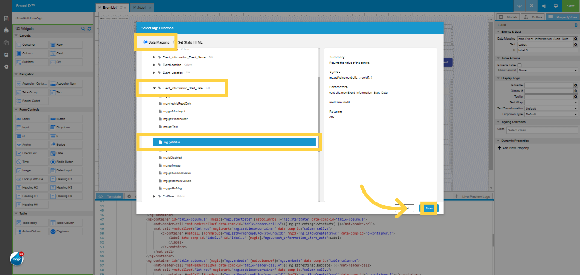 Select mg.getValue function for Event_Inforrmation_Start_Date
