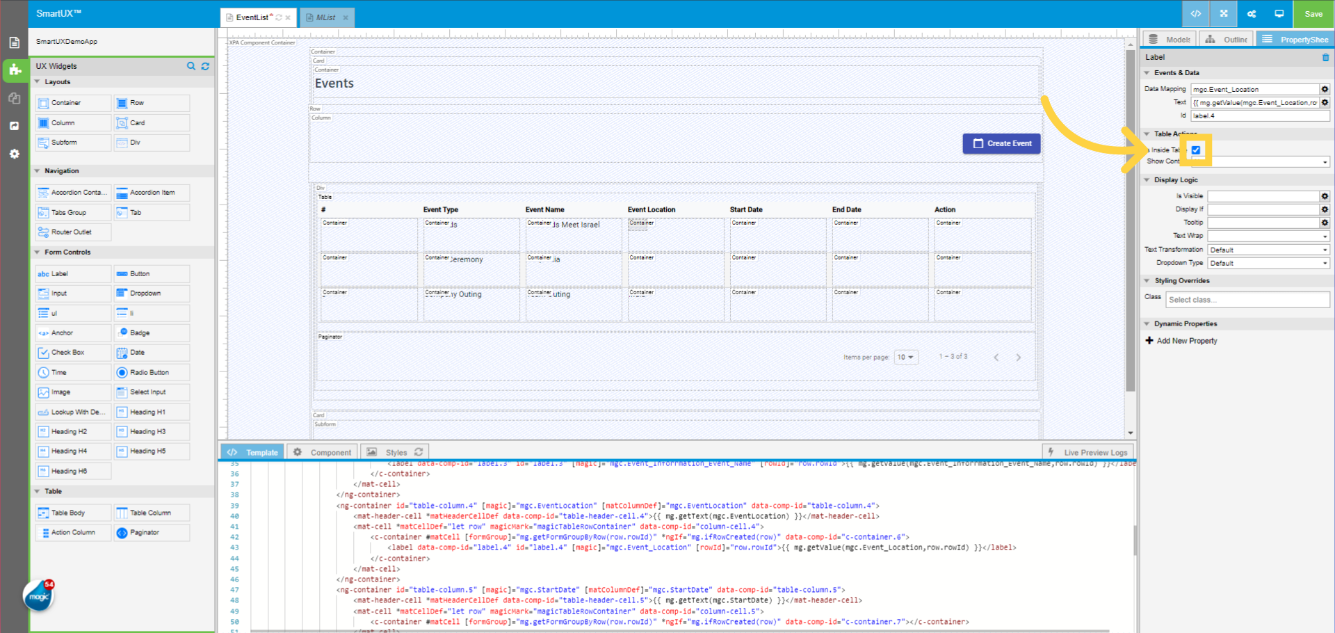 Mark the Label widget for the Event Location as “Inside Table”
