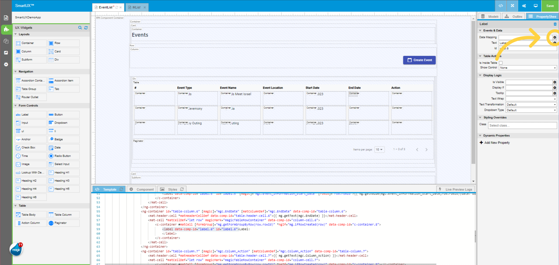 Drag and Drop the Label widget for the End Date Column