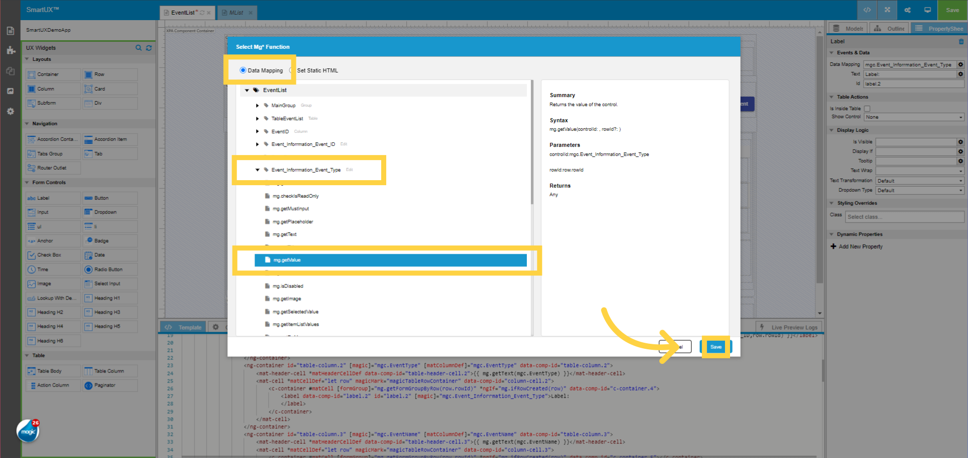 Select mg.getValue function for Event_Inforrmation_Event_Type