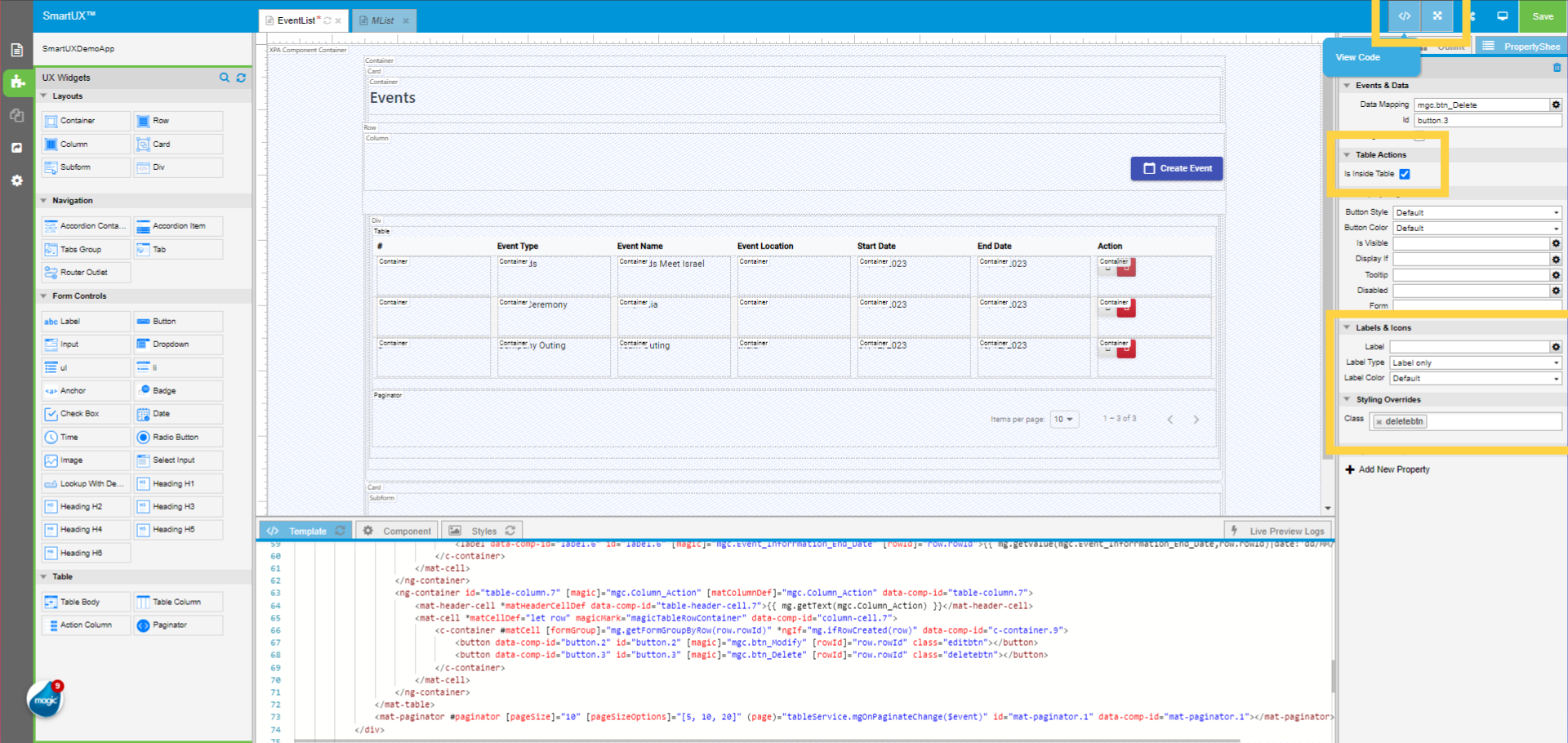 Set Delete operation button widget Properties