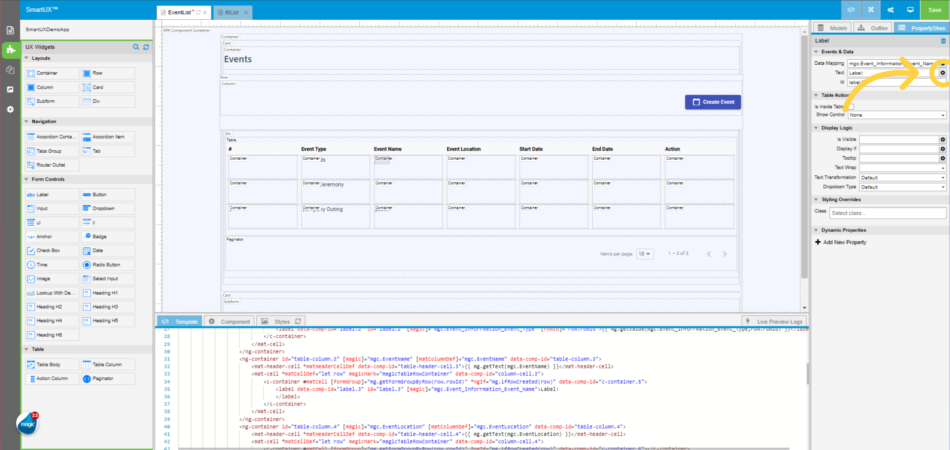 Map Text property with mg.getValue function for Event Name