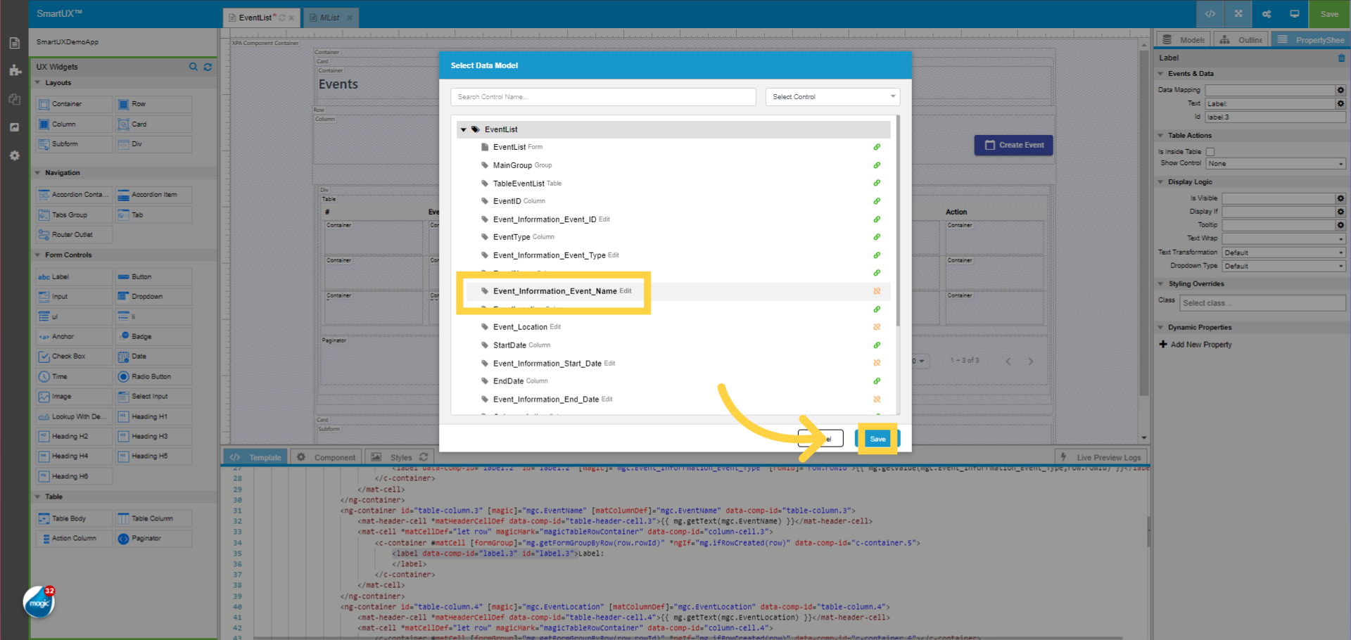Data Mapping for Event_Inforrmation_Event_Name Label Widget