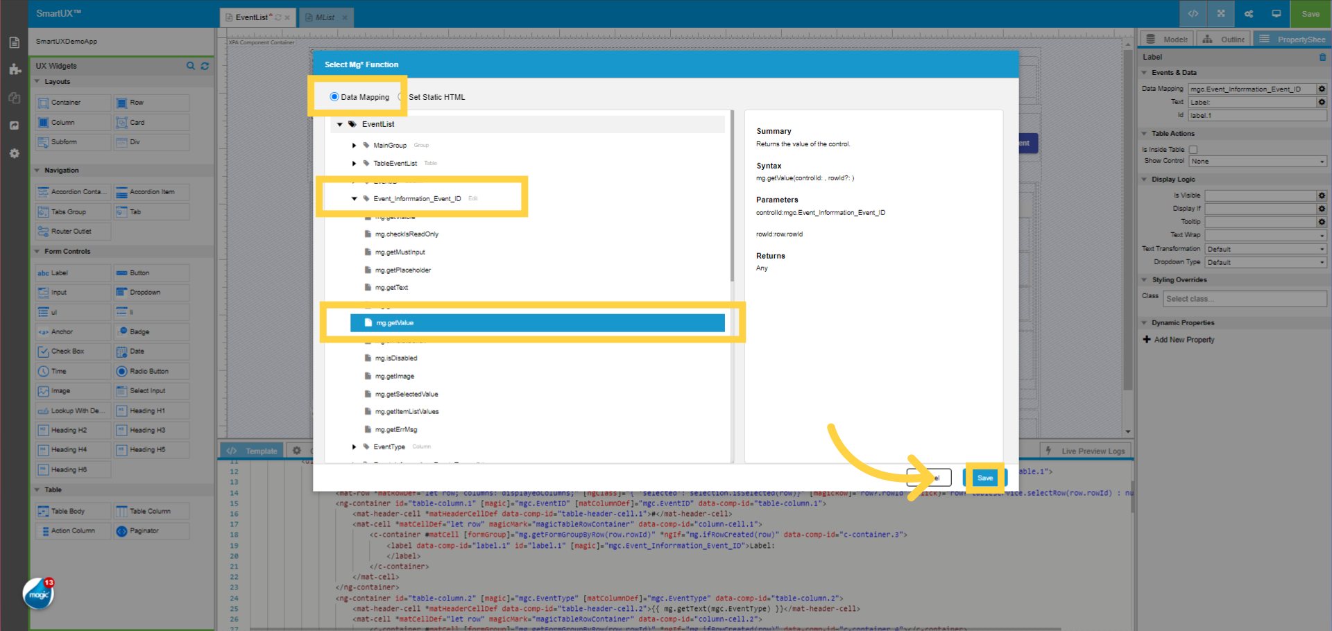 Map Text property with mg.getValue function for Event_Inforrmation_Event_ID