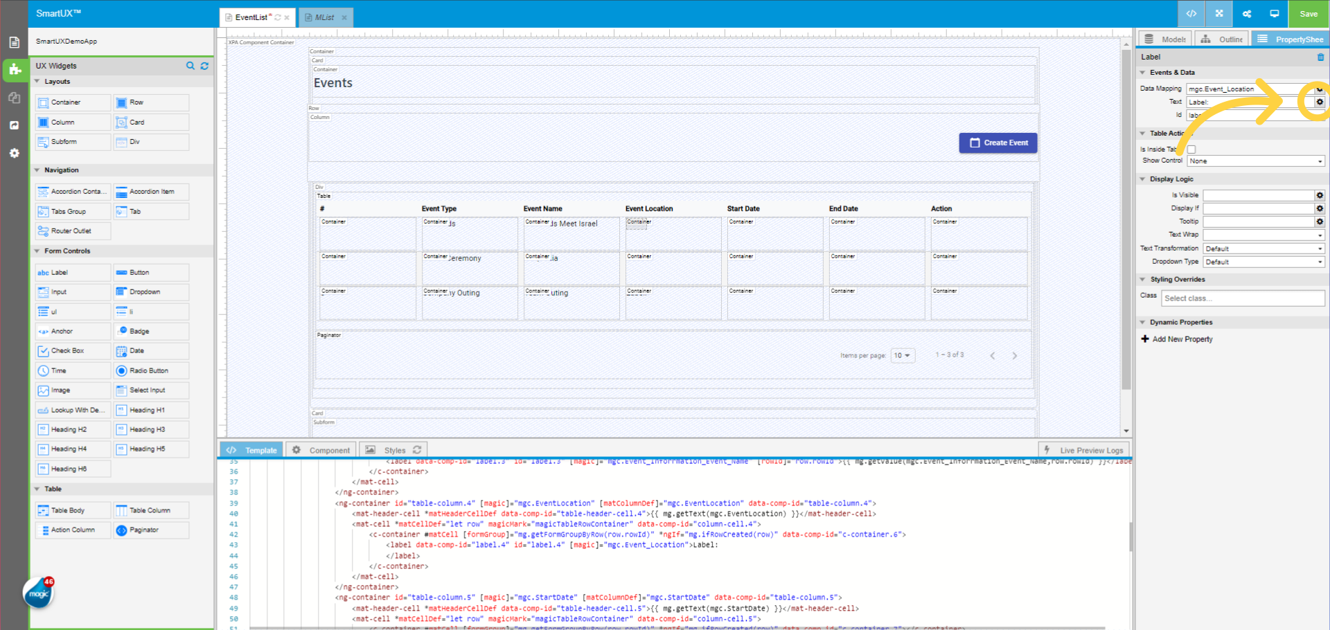 Map Text property with mg.getValue function for Event Location