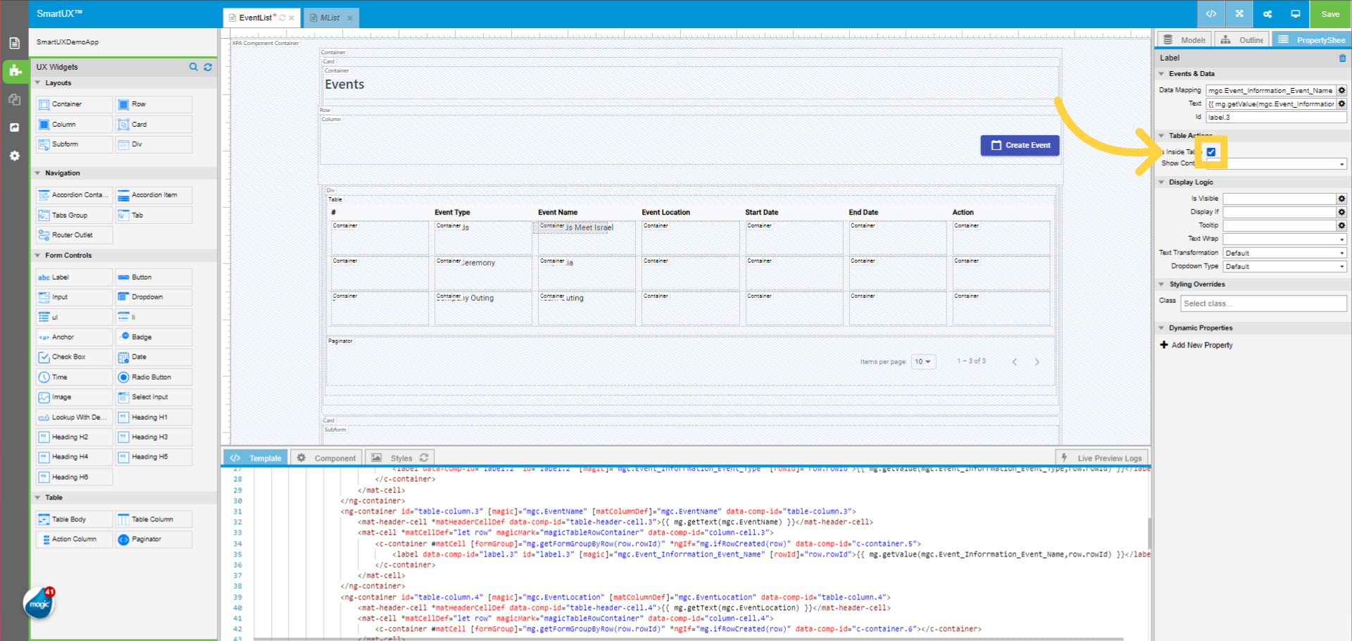 Mark the Label widget for the Event Name as “Inside Table”