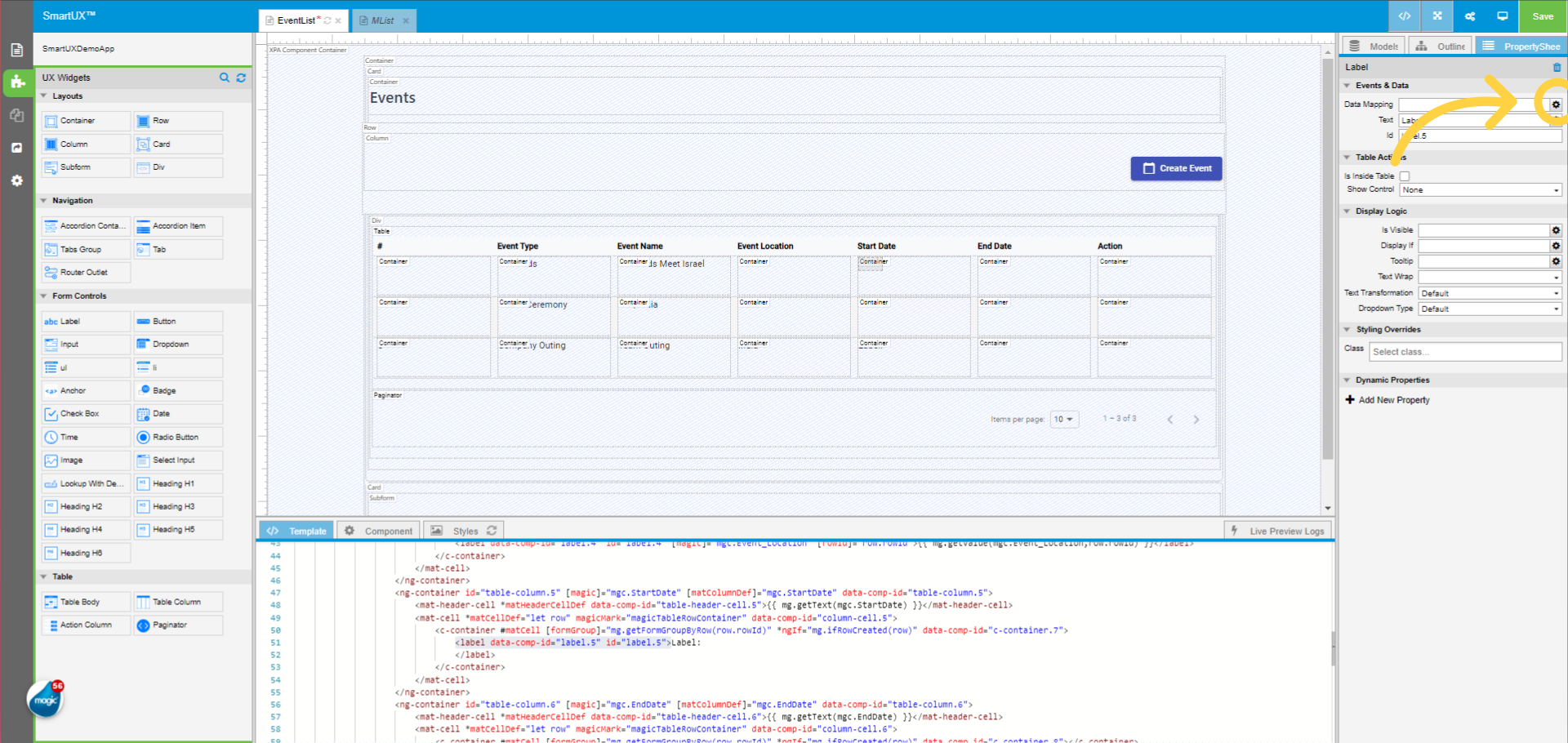 Drag and Drop the Label widget for the Start Date Column