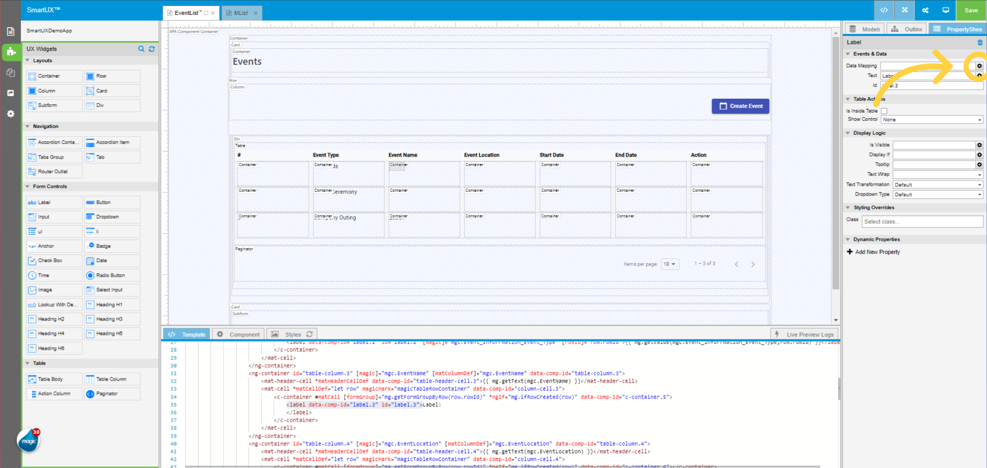 Drag and Drop the Label widget for the Event Name Column